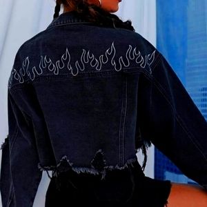Black stressed wear flame cropped jean jacket.